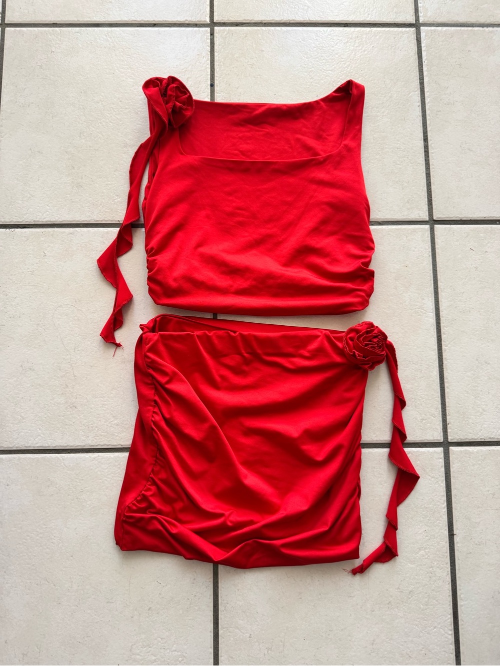 Red Ruched Mini Skirt Set- Women's Stylish Side-Tie Skirt Set